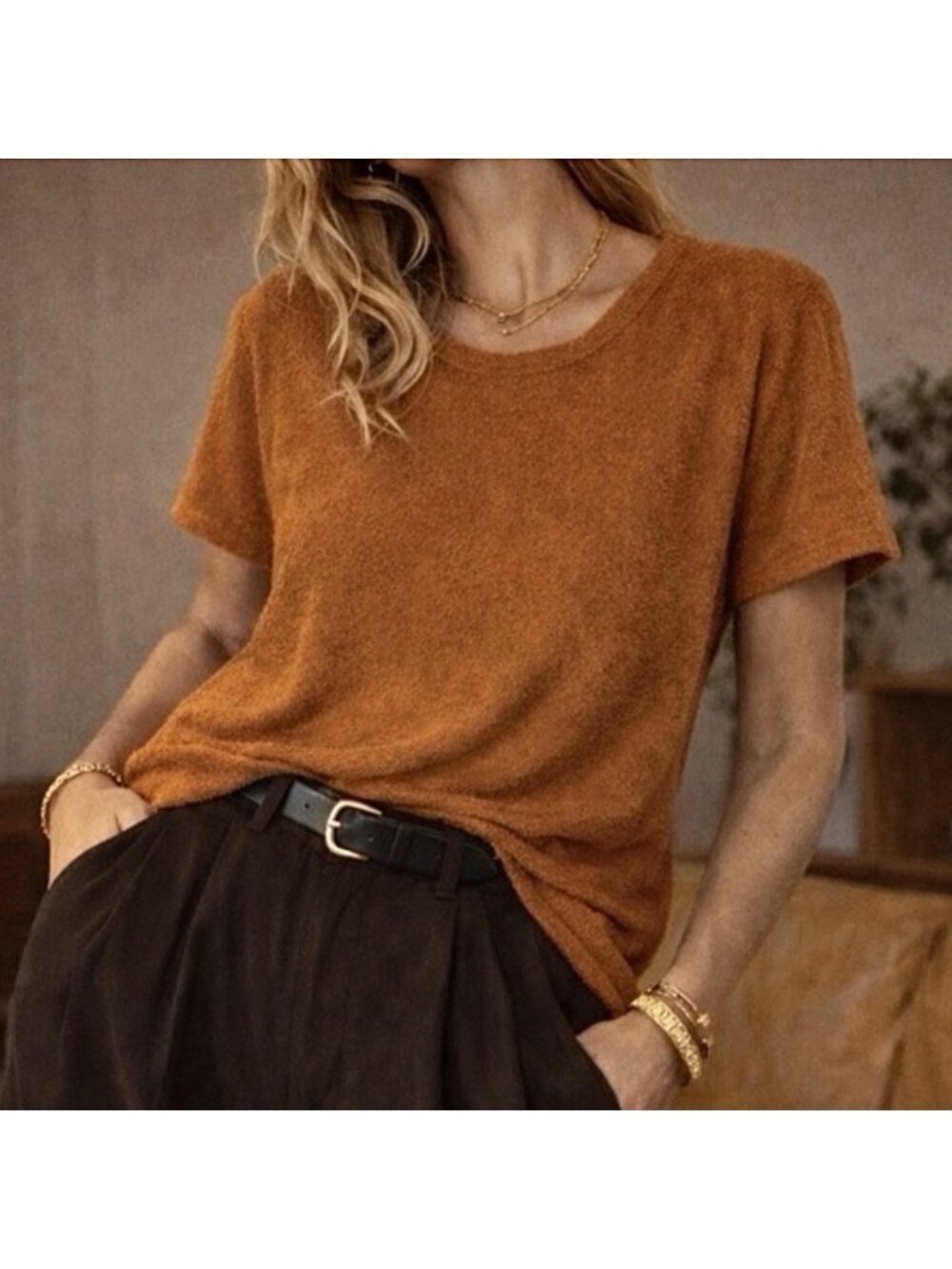Dandy Del Mar Camel Brown Short Sleeve Cropped Terry Shirt Women’s Size Small